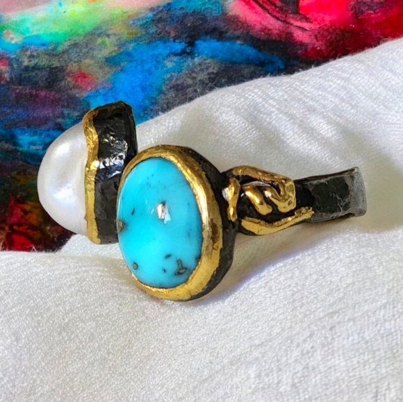 🆕️Genuine Pearl & Turquoise Ring | 925 Silver 24K Gold & Rhodium Plated 🌟 - Picture 10 of 16